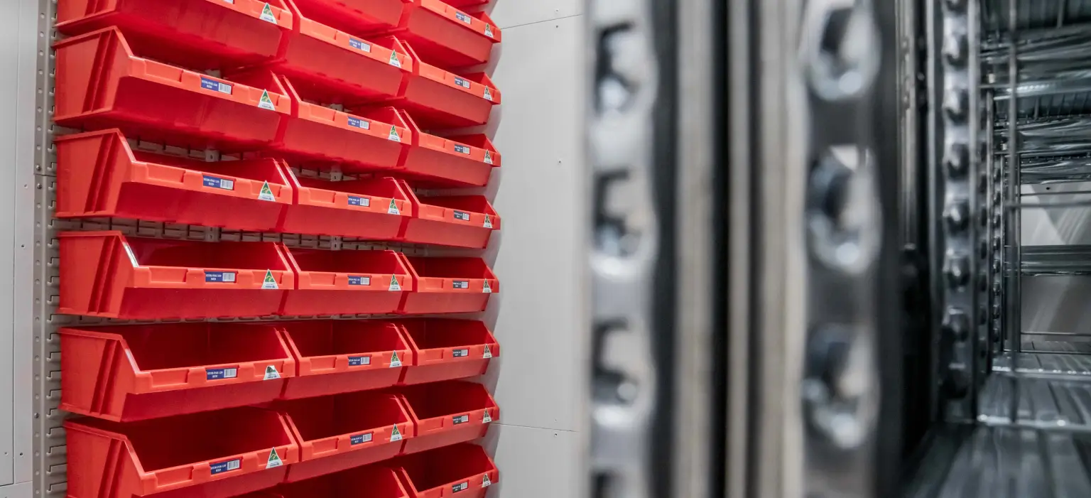 Industrial storage shelving with bin system for organised small parts and inventory management