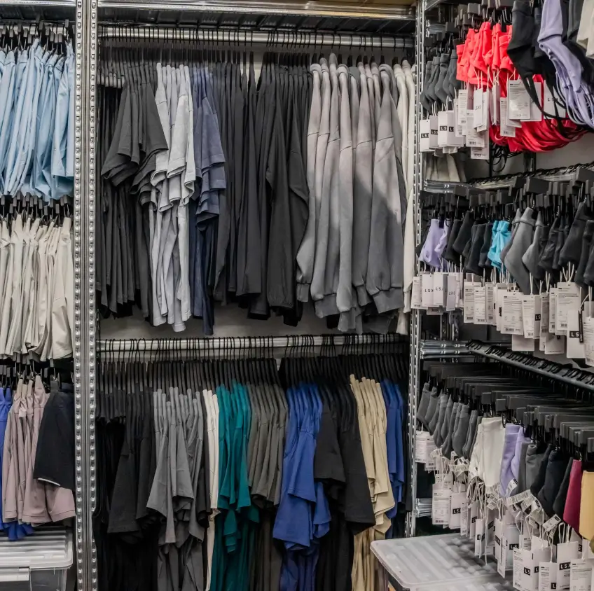 Retail garment storage racks with hanging apparel and accessories
