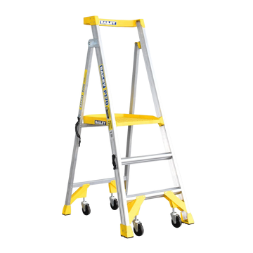 Mobile platform ladder with wheels for warehouse picking and elevated access