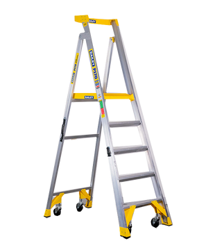 Rolling step ladder with safety platform for warehouse and facility use