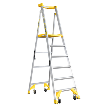 Mobile safety ladder with wheels and handrails for warehouse access and elevated work tasks