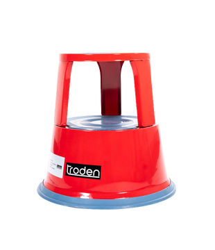 Red rolling step stool with non-slip platform for warehouse picking and retail access tasks