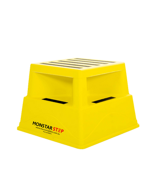 Yellow plastic step stool with anti-slip surface for warehouse access and picking tasks