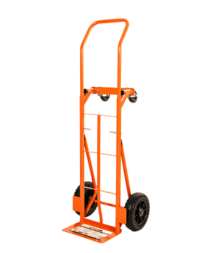 Orange hand truck trolley with wheels for moving boxes and warehouse material handling