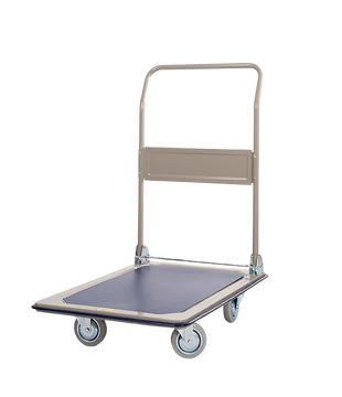 Flatbed platform trolley with handle and caster wheels for warehouse transport and material handling