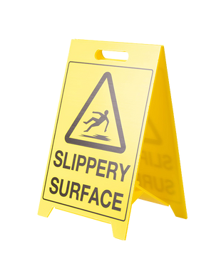 Yellow slippery surface warning sign for floor safety in warehouse and commercial environments