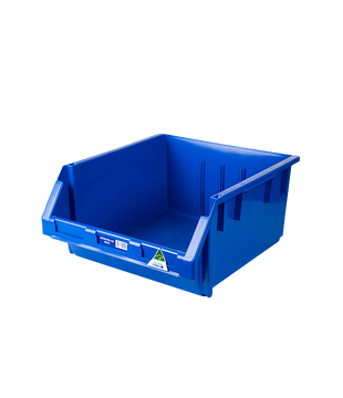 Heavy-duty plastic storage bin for warehouse shelving and bulk item organisation