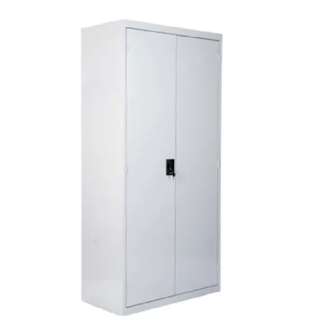Steel storage cabinet with lockable double doors for secure workplace storage