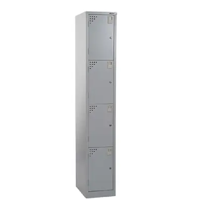 Four-tier metal locker system for secure personal storage in commercial environments