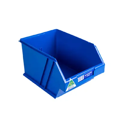 Blue plastic storage bin for efficient small parts organisation and warehouse picking