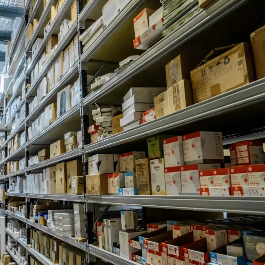 Close-up of warehouse shelving storing boxed lighting inventory for efficient stock organisation