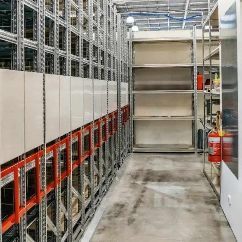 High-density warehouse shelving system with mesh storage bays and compact aisle layout